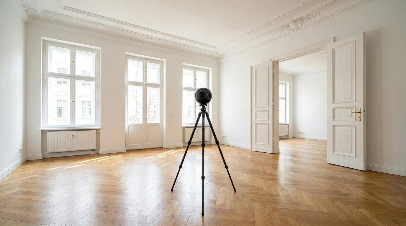 360-Grad-Kamera auf Stativ in einem leeren Altbauzimmer