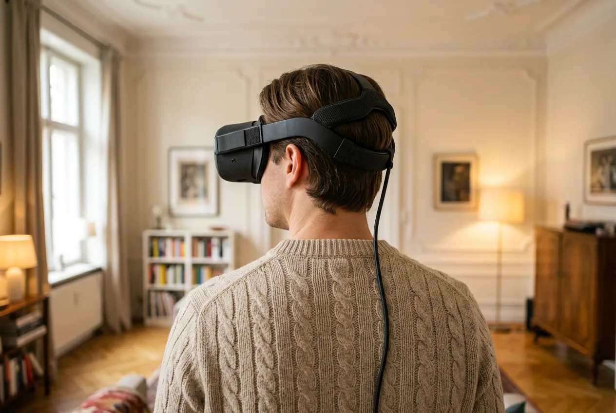 Person von hinten mit VR-Brille in einem warm beleuchteten Altbauraum