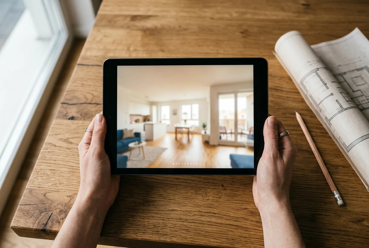 Tablet mit Innenpanorama über einem Eichentisch