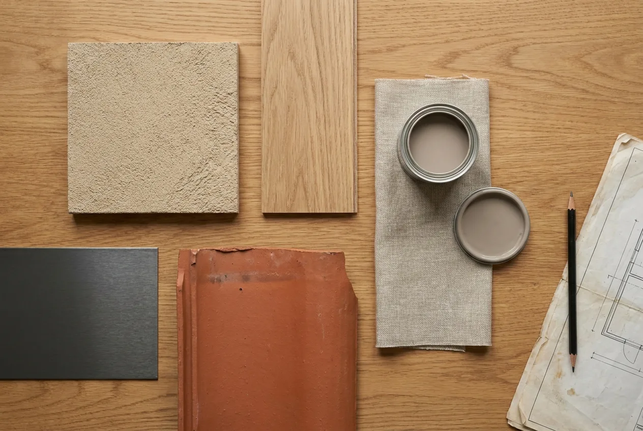 Materialmuster von oben: Putz, Eiche, Aluminium, Dachziegel, Leinen