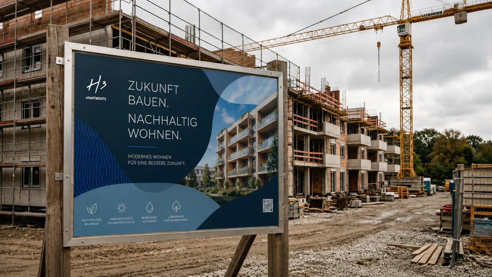 Bauzaunbanner eines Neubauprojekts entlang der Straße im Abendlicht