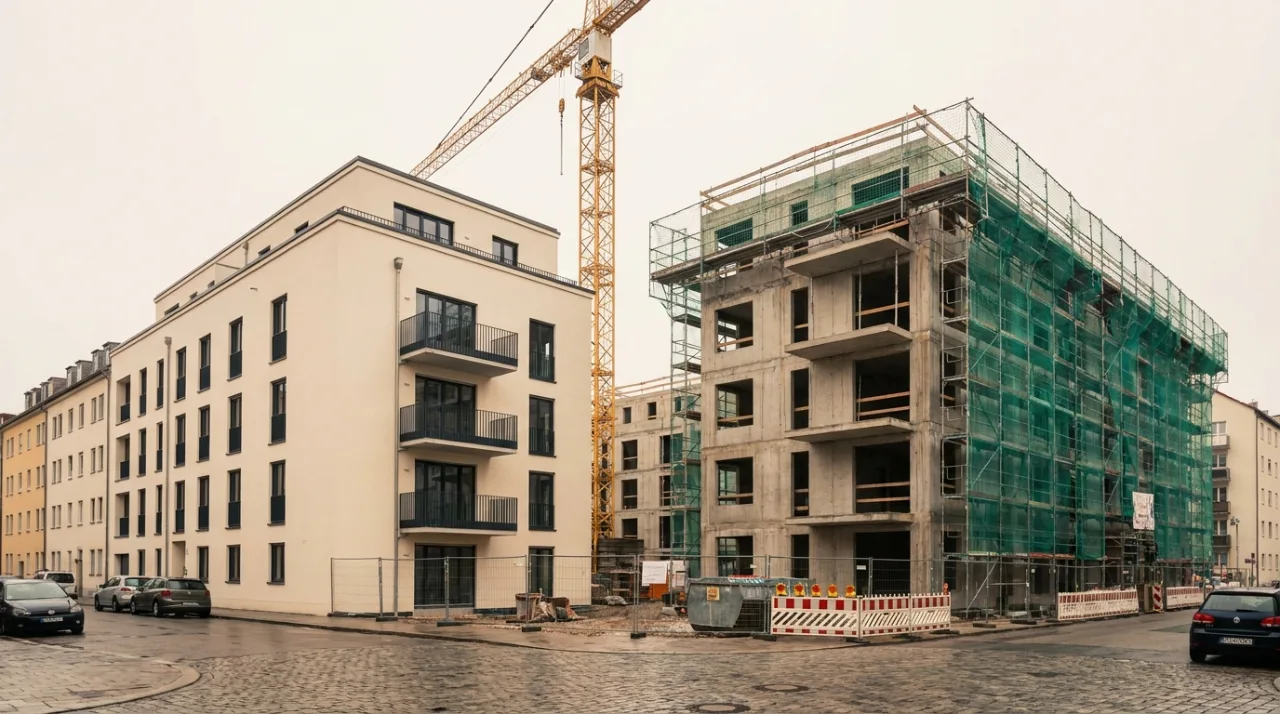Wohnbauprojekt im Übergang von Rohbau zu fertiger Fassade