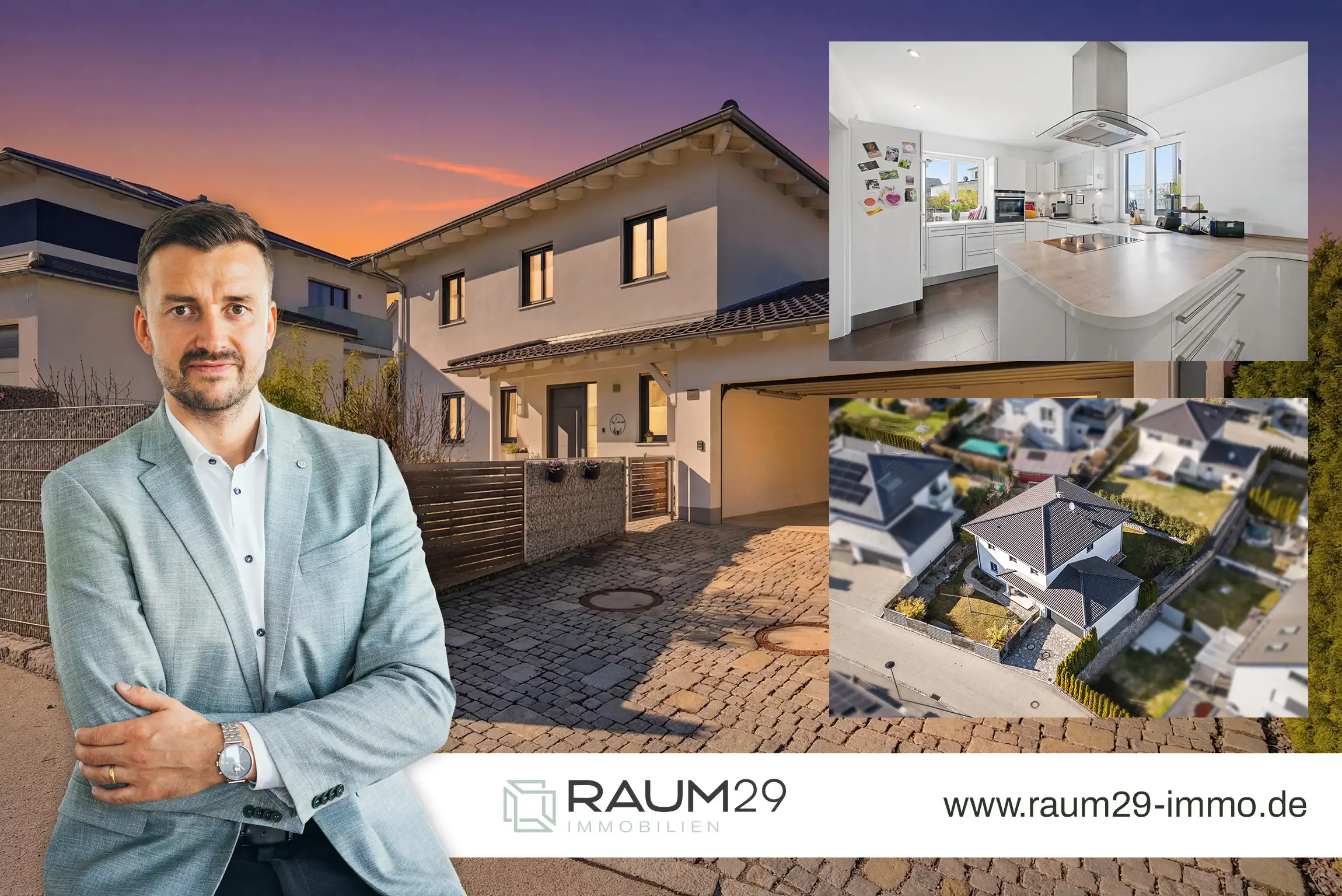 Einfamilienhaus in Ergoldsbach: Außenaufnahme zur blauen Stunde, Küche und Luftbild