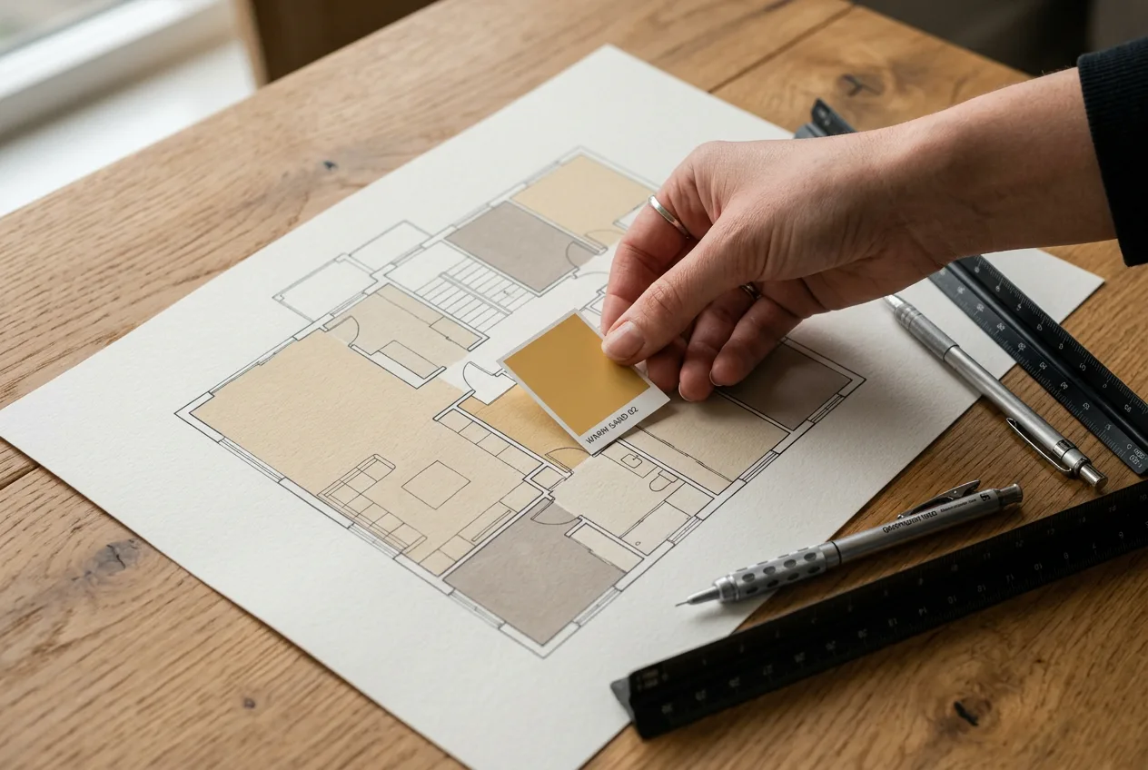 Hand legt eine Farbkarte auf einen kolorierten Grundriss
