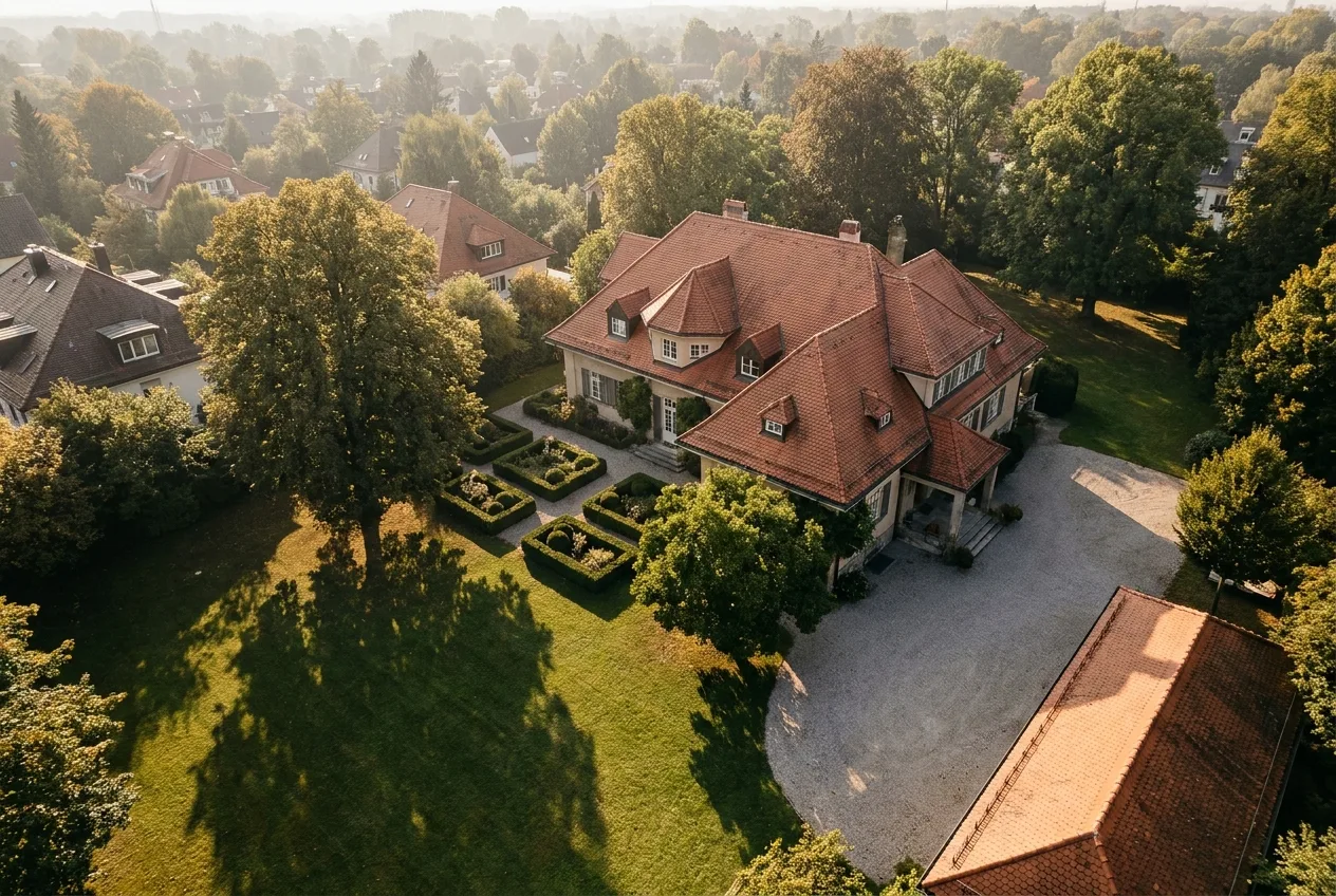 Drohnenaufnahme über Dachlandschaft und Garten einer Münchner Villa