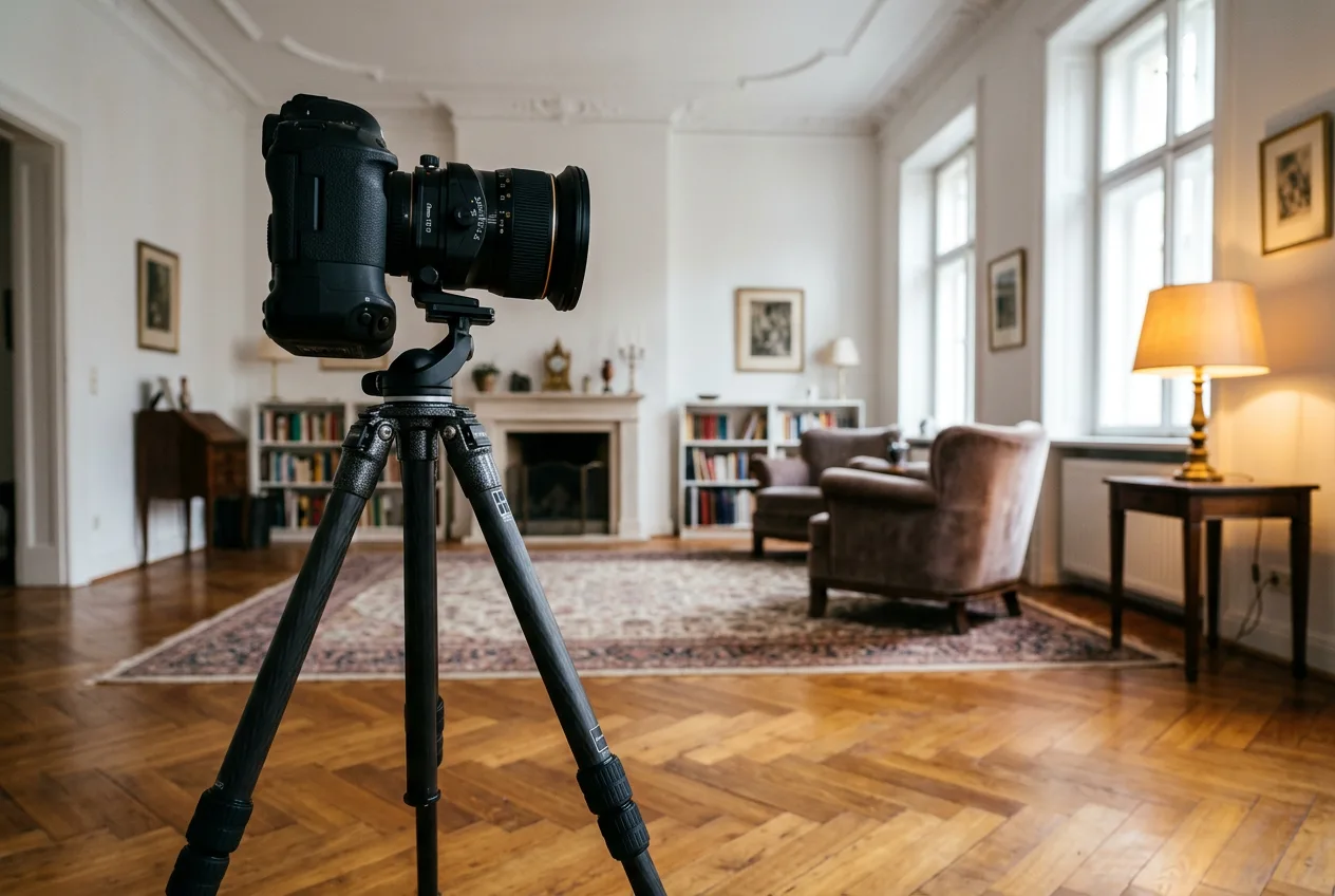 Vollformatkamera mit Tilt-Shift-Objektiv auf Stativ in einem Altbauzimmer