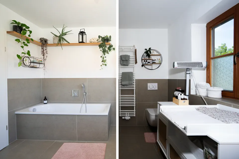 Zwei Ansichten eines hellen Badezimmers mit grauen Fliesen, Badewanne, Pflanzenregal und Fenster, einheitlich in Farbe und Helligkeit bearbeitet