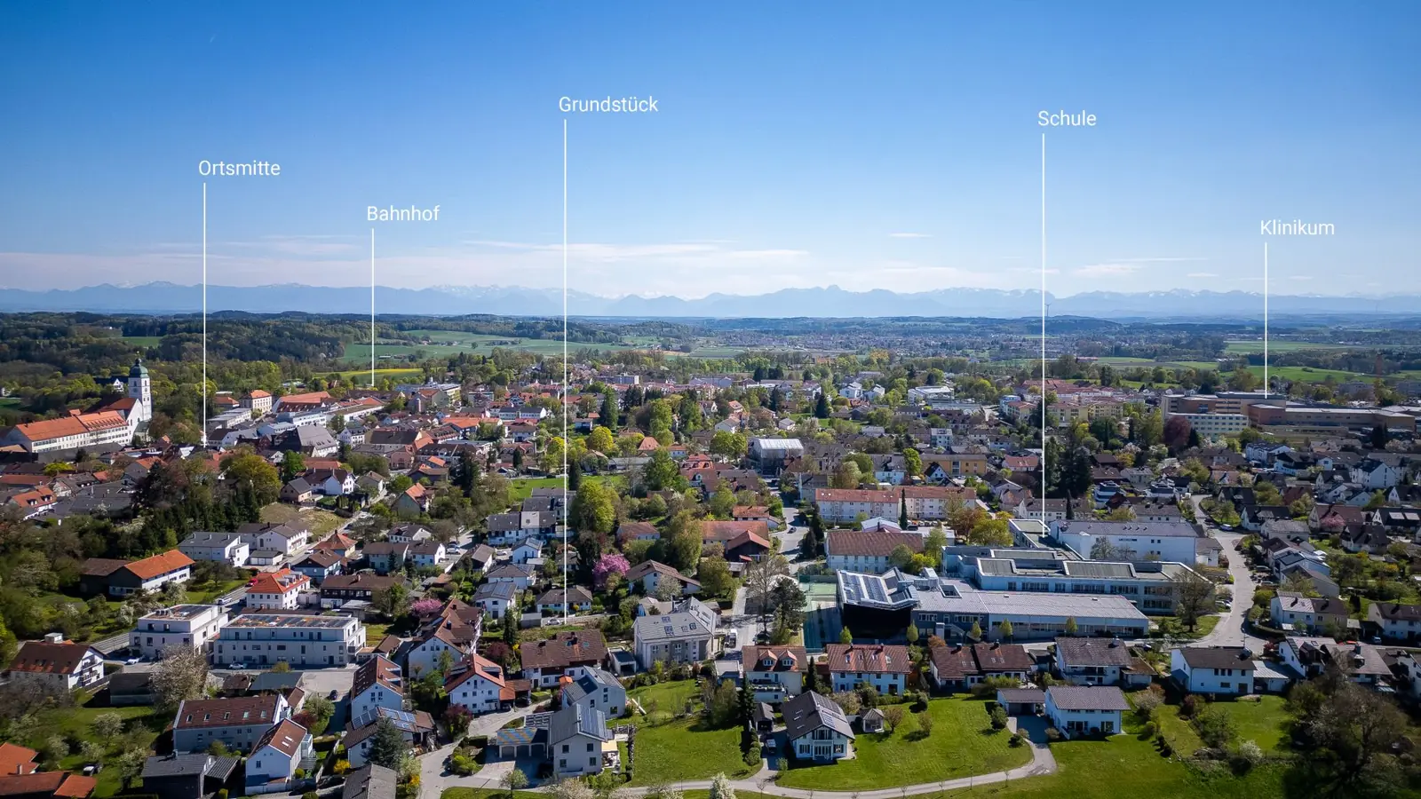 Drohnenaufnahme über einem Ort im Münchner Umland mit Alpenpanorama und beschrifteten Lagepunkten wie Ortsmitte, Bahnhof, Schule und Klinikum