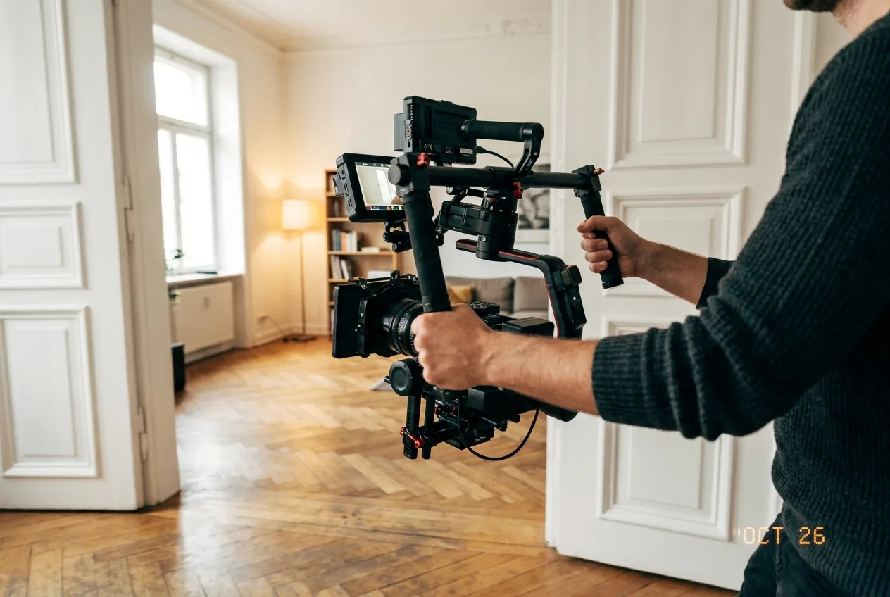 Kamera auf Gimbal wird durch eine Altbauwohnung getragen