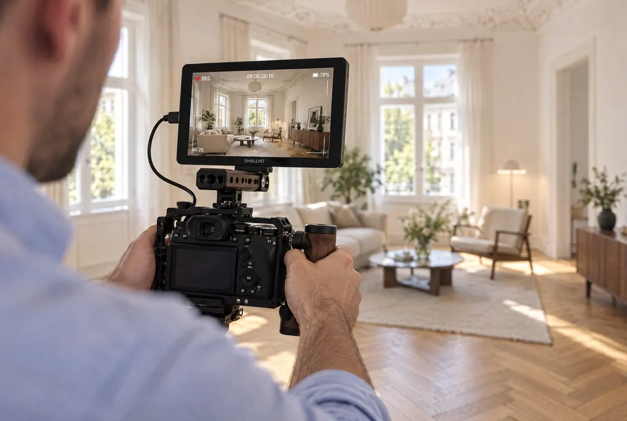 Dreh mit Kamera-Rig und externem Monitor in einem Altbau-Wohnraum (KI-Illustration)