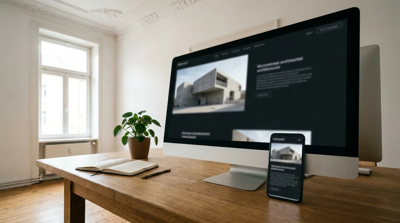 Monitor mit Website-Layout und Smartphone auf einem Eichentisch