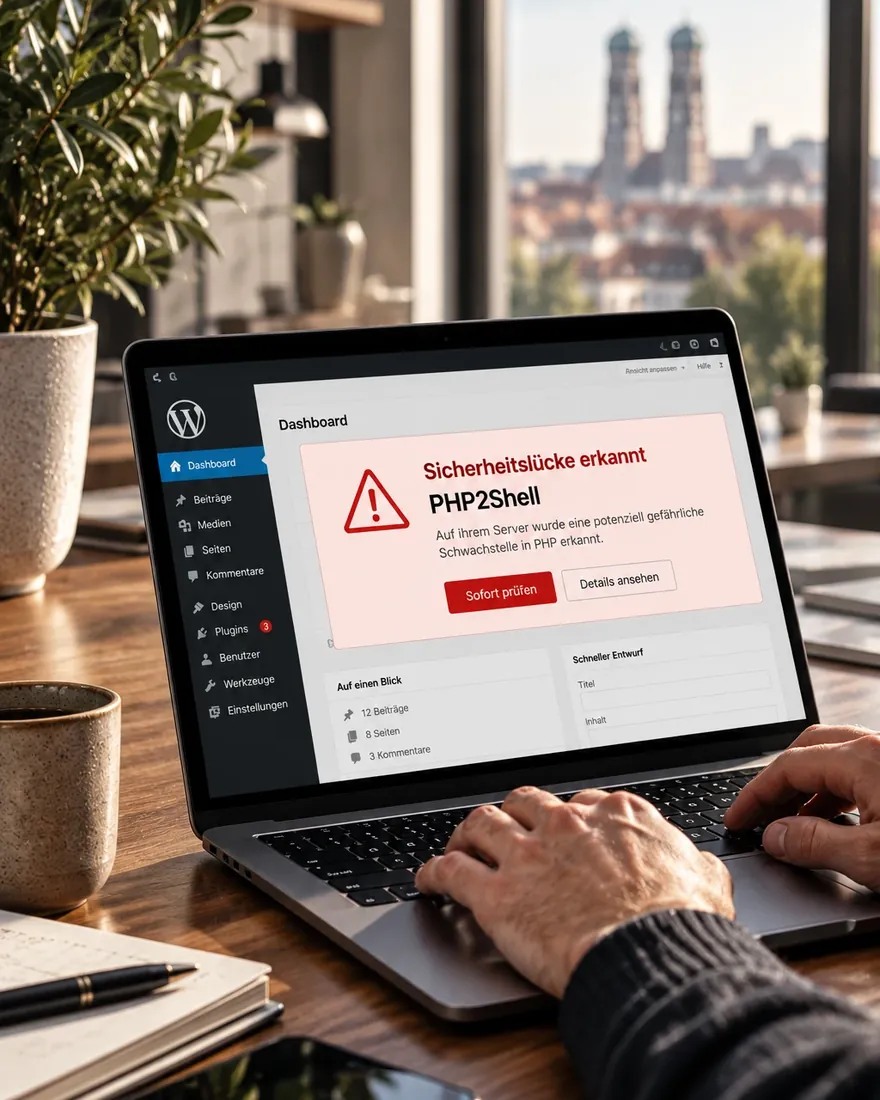 Laptop mit WordPress-Dashboard und der Warnung „Sicherheitslücke erkannt: PHP2Shell“, im Hintergrund die Frauenkirche (KI-Illustration)