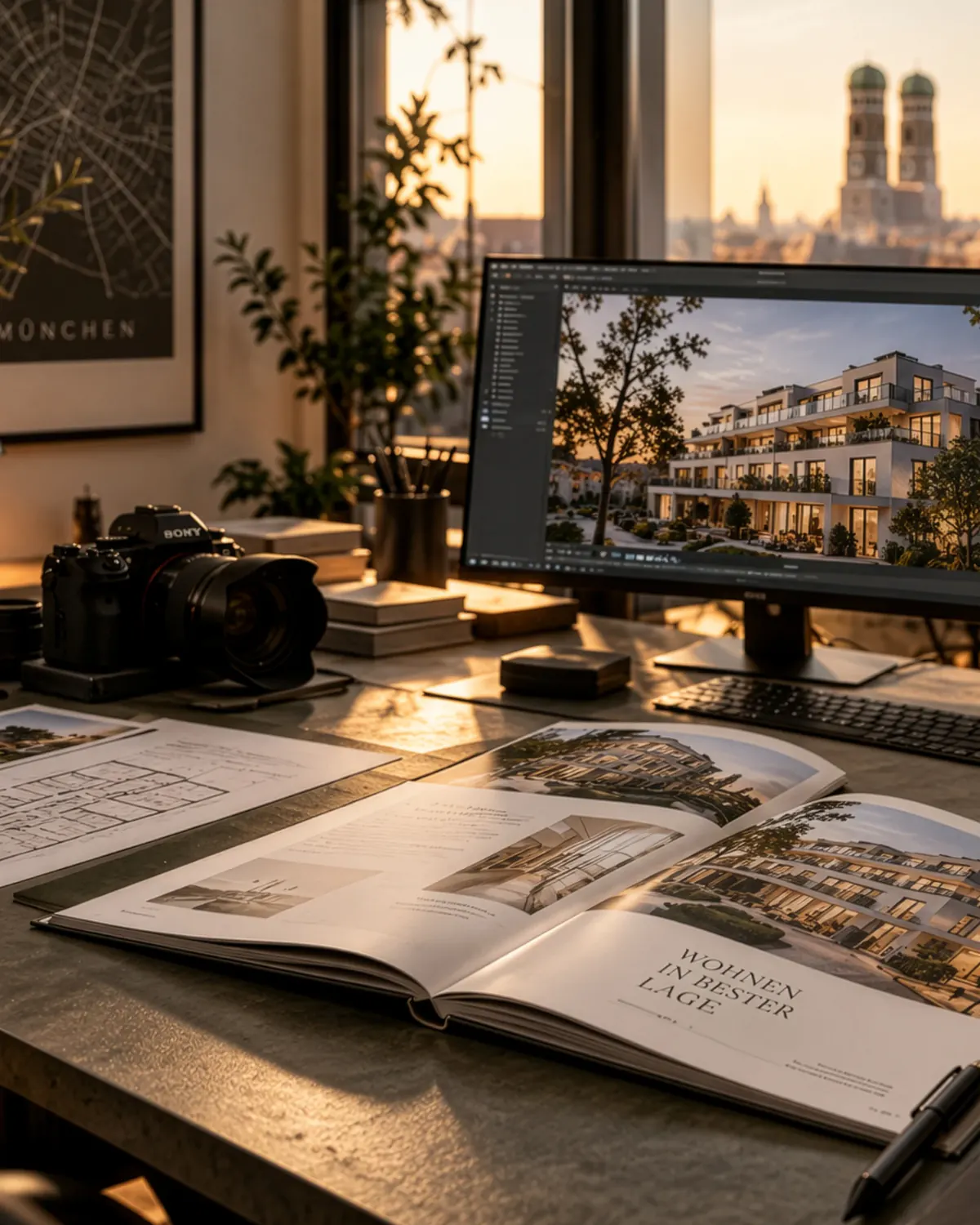 Arbeitsplatz mit Kamera, Monitor mit Architekturvisualisierung und aufgeschlagenem Exposé, im Hintergrund die Frauenkirche (KI-Illustration)