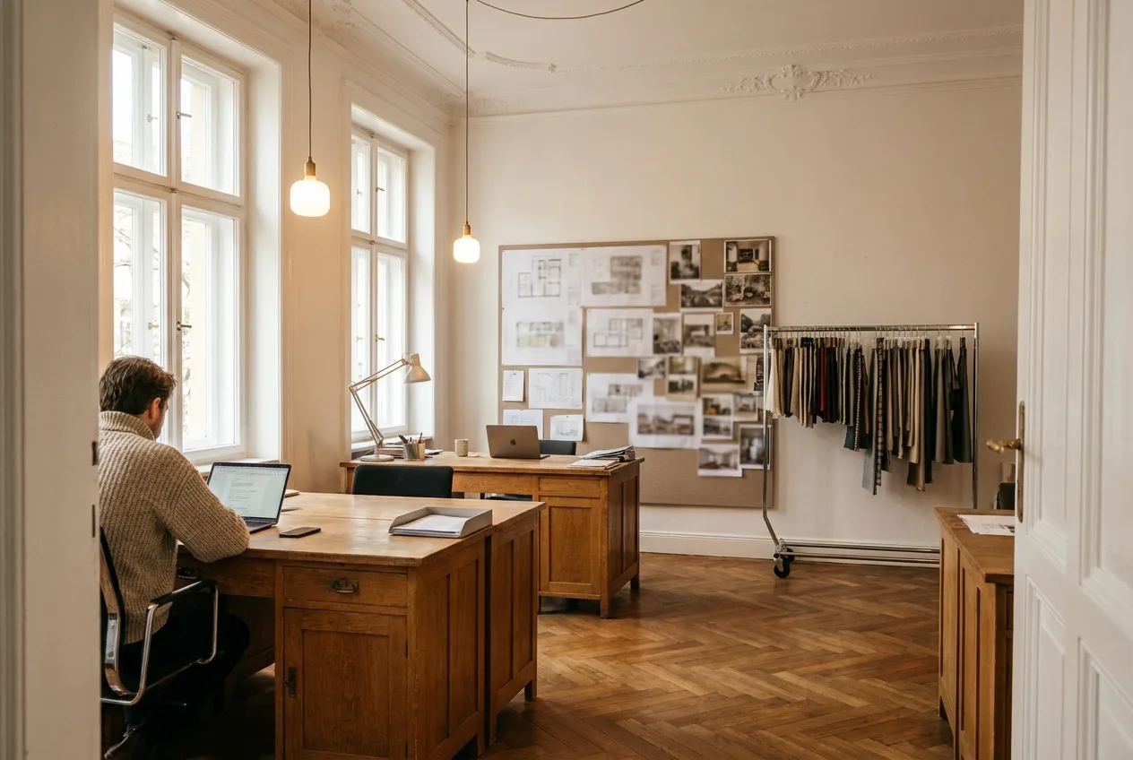 Studioräume in einem Münchner Altbau mit Plänen an der Pinnwand