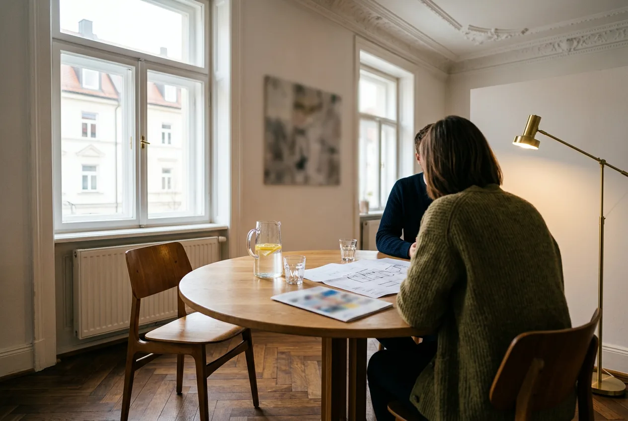 Besprechungsecke im Altbaubüro mit Plänen und Broschüre